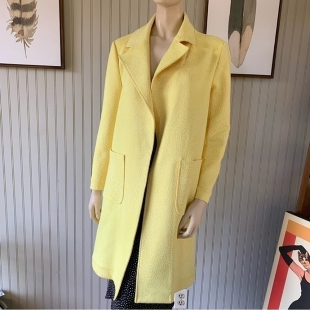 Jayley Fabric Animal Print Embossed Buttery Yellow Midi Coat Jacket Small Trench